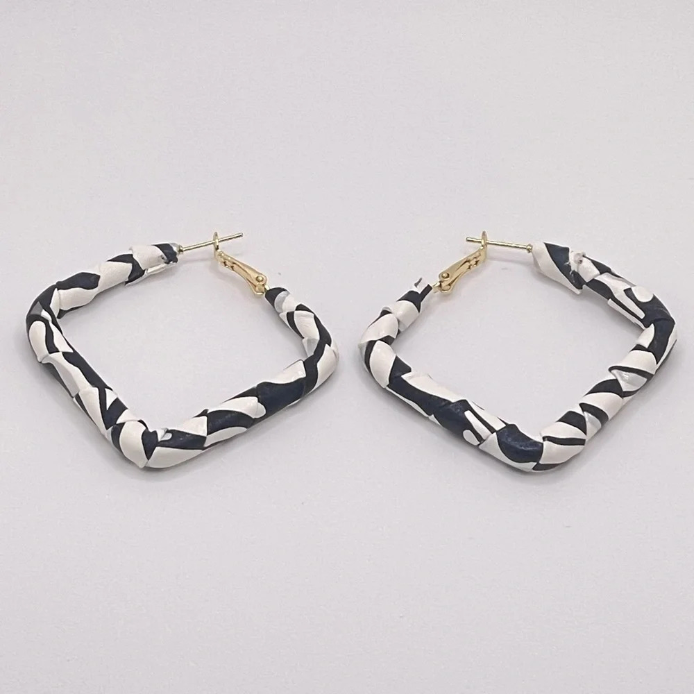 Black and White Striped Leather Winding Square Geometric Female Earrings - Picture 3 of 4